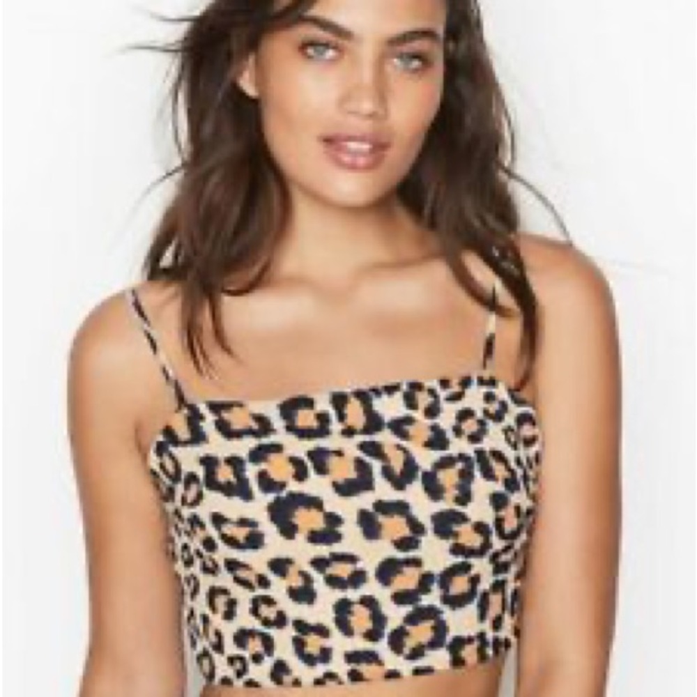 Victoria’s Secret cream, brown and blue leopard, cheetah tie back crop strappy